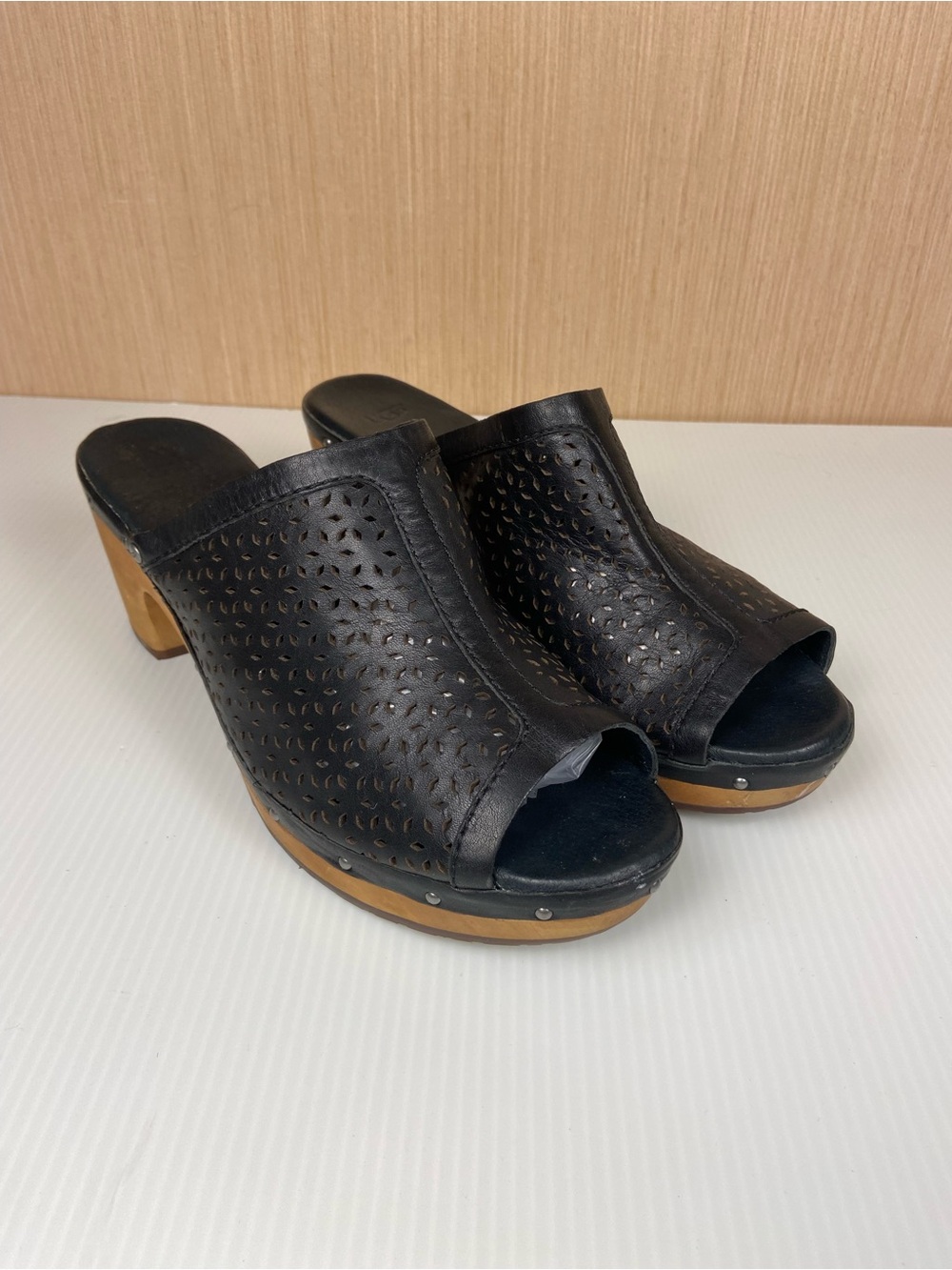 UGG Black Perforated Leather Peep-Toe Clog Heels with Wood-Look Platform